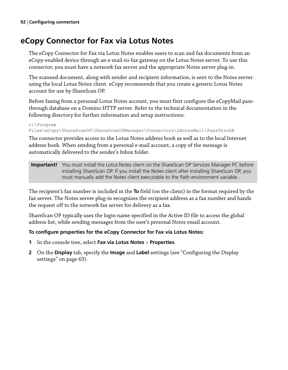 Ecopy connector for fax via lotus notes | Konica Minolta eCopy User Manual | Page 100 / 224