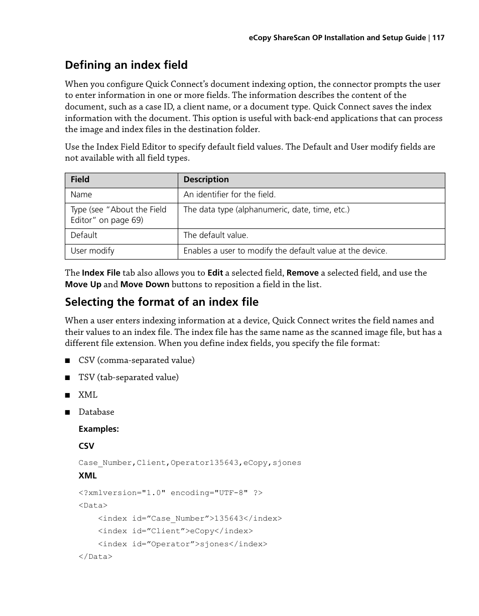 Defining an index field, Selecting the format of an index file, Select the | Index file | Konica Minolta eCopy User Manual | Page 125 / 224