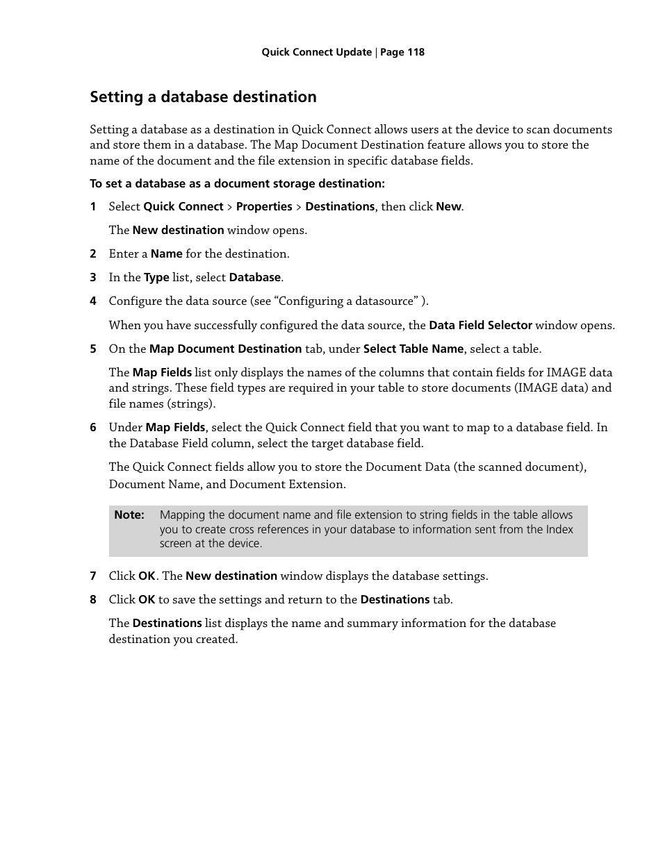 Setting a database destination | Konica Minolta eCopy User Manual | Page 126 / 224