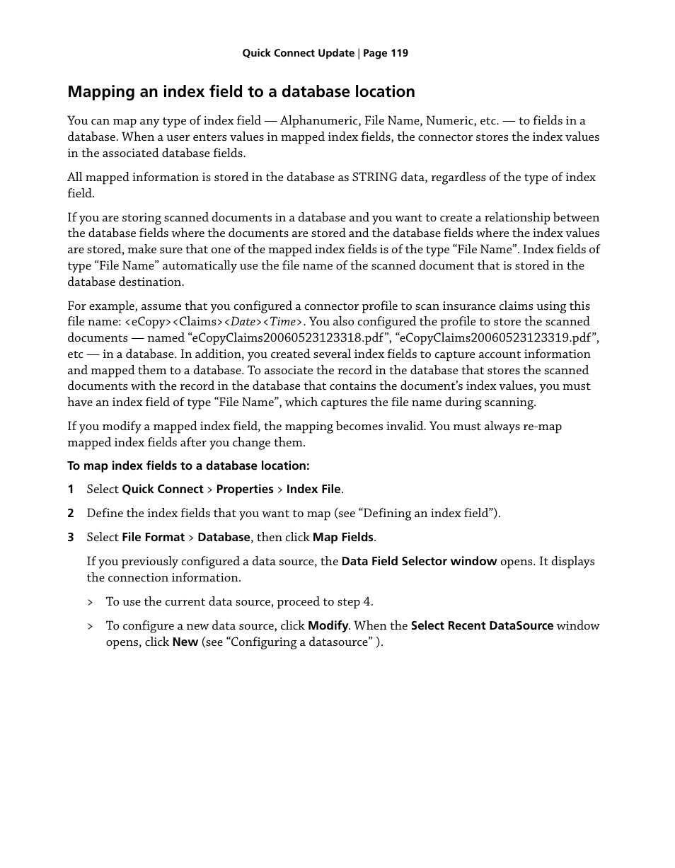 Mapping an index field to a database location | Konica Minolta eCopy User Manual | Page 127 / 224