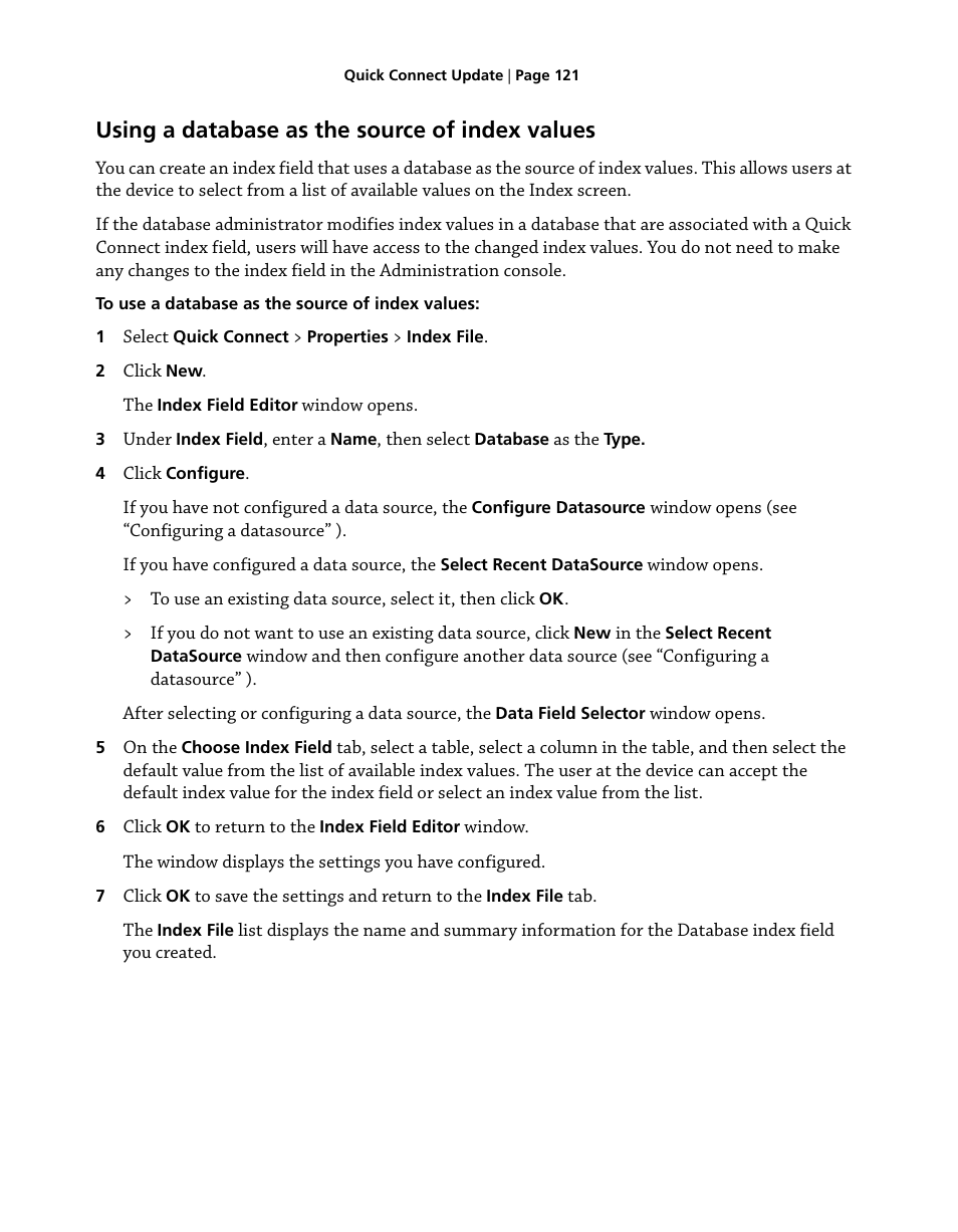 Using a database as the source of index values | Konica Minolta eCopy User Manual | Page 129 / 224