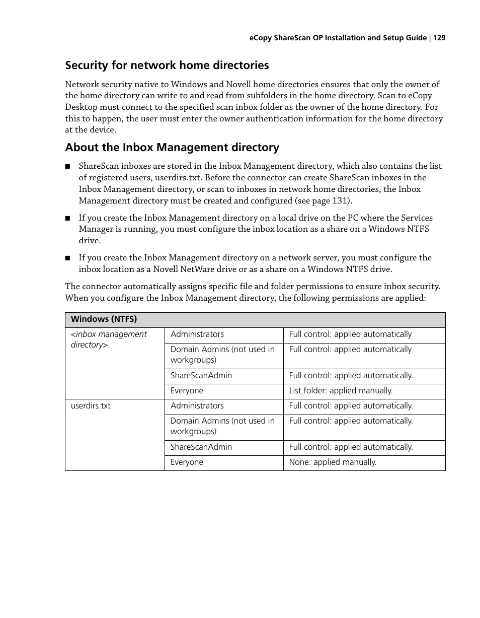 Security for network home directories, About the inbox management directory | Konica Minolta eCopy User Manual | Page 137 / 224