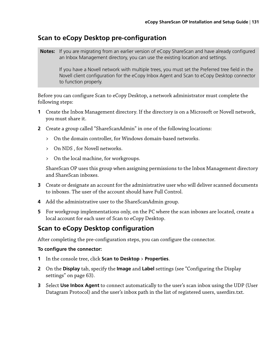 Scan to ecopy desktop pre-configuration, Scan to ecopy desktop configuration | Konica Minolta eCopy User Manual | Page 139 / 224