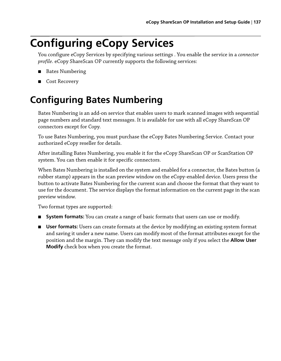 Configuring ecopy services, Configuring bates numbering | Konica Minolta eCopy User Manual | Page 145 / 224