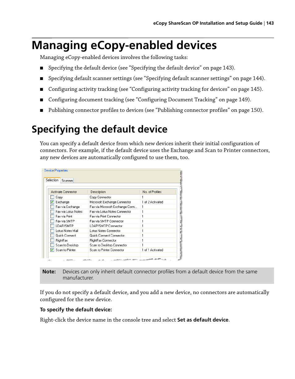 Managing ecopy-enabled devices, Specifying the default device | Konica Minolta eCopy User Manual | Page 151 / 224