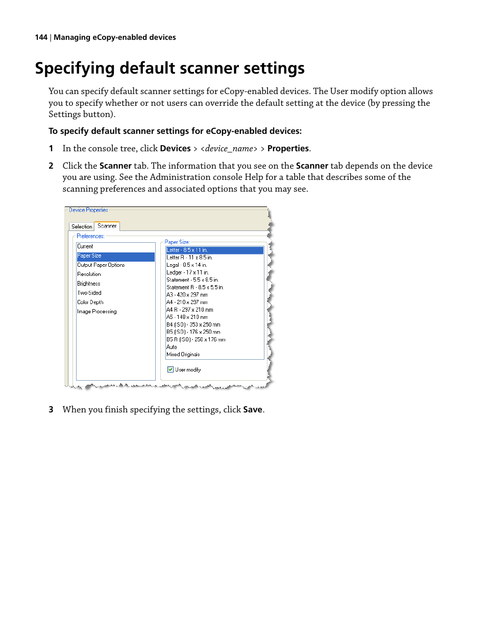 Specifying default scanner settings | Konica Minolta eCopy User Manual | Page 152 / 224