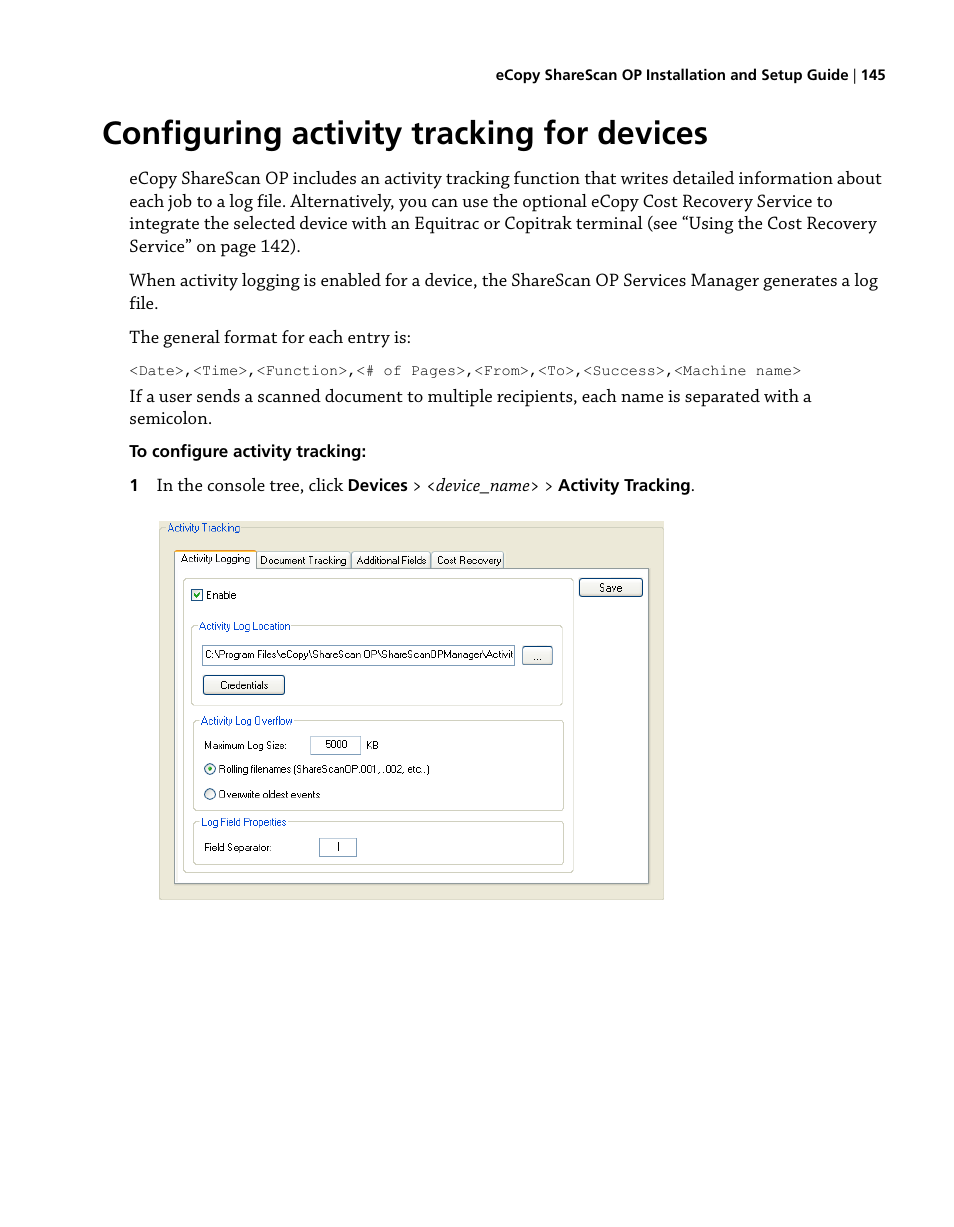 Configuring activity tracking for devices | Konica Minolta eCopy User Manual | Page 153 / 224