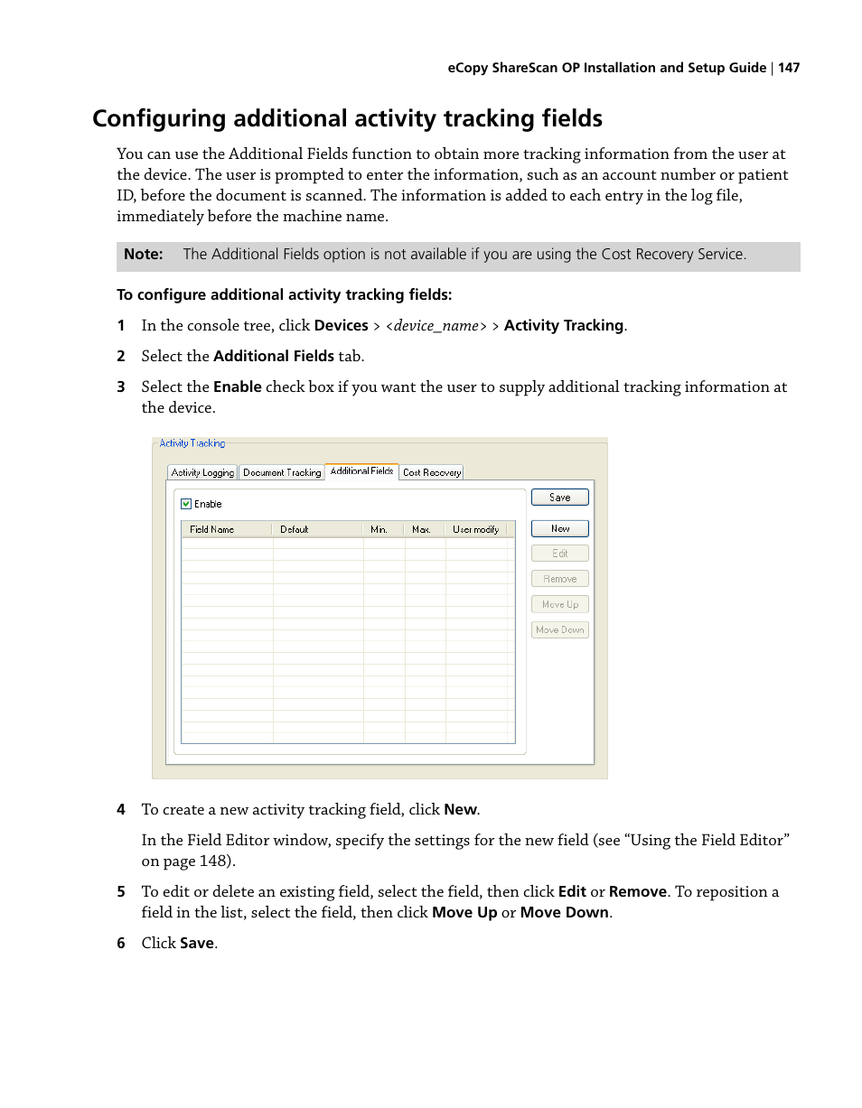 Configuring additional activity tracking fields | Konica Minolta eCopy User Manual | Page 155 / 224