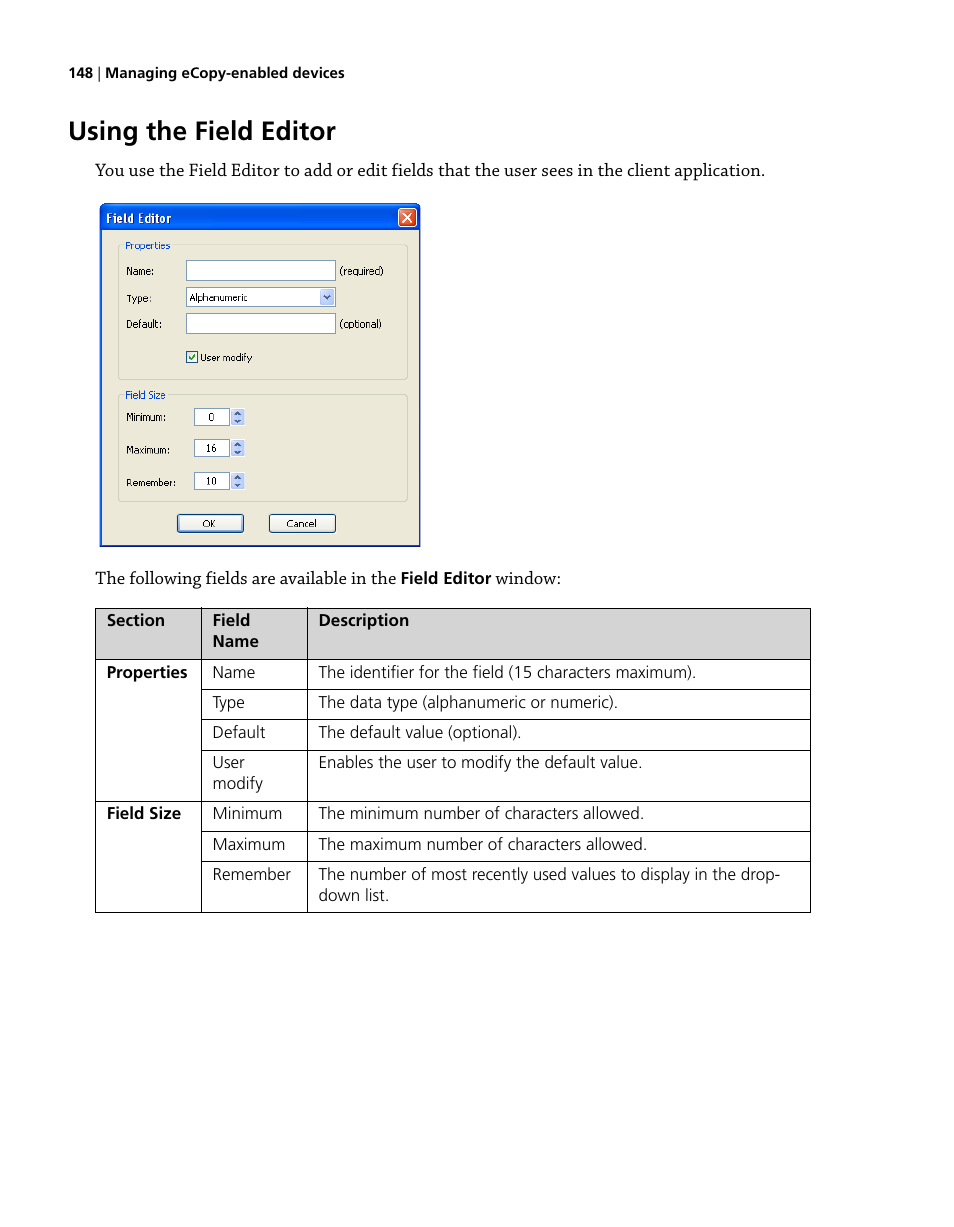 Using the field editor | Konica Minolta eCopy User Manual | Page 156 / 224