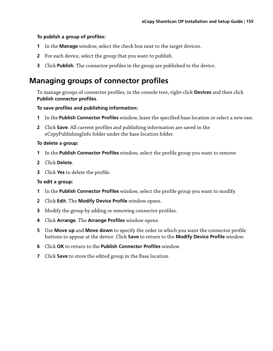 Managing groups of connector profiles | Konica Minolta eCopy User Manual | Page 163 / 224