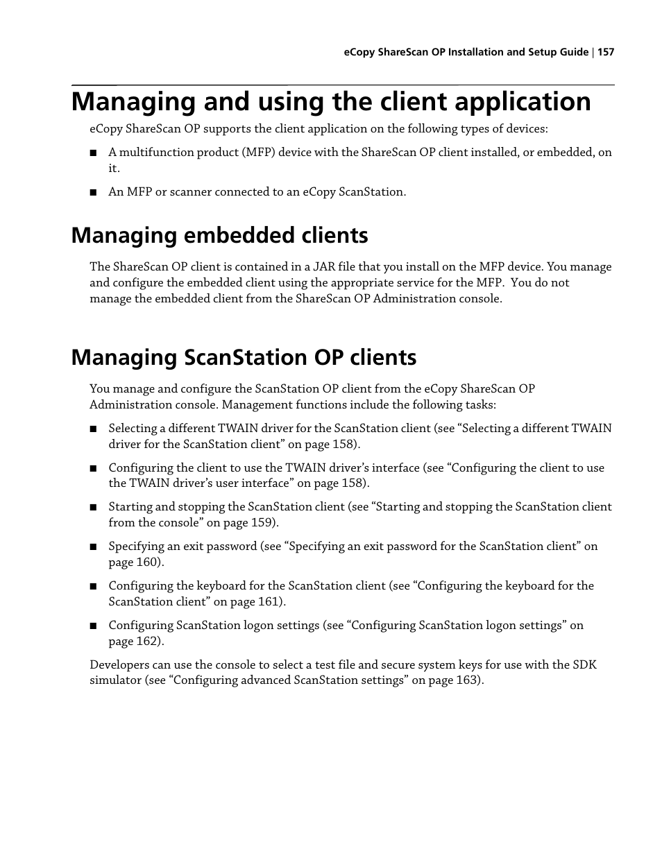 Managing and using the client application, Managing scanstation op clients, Managing embedded clients | Konica Minolta eCopy User Manual | Page 165 / 224