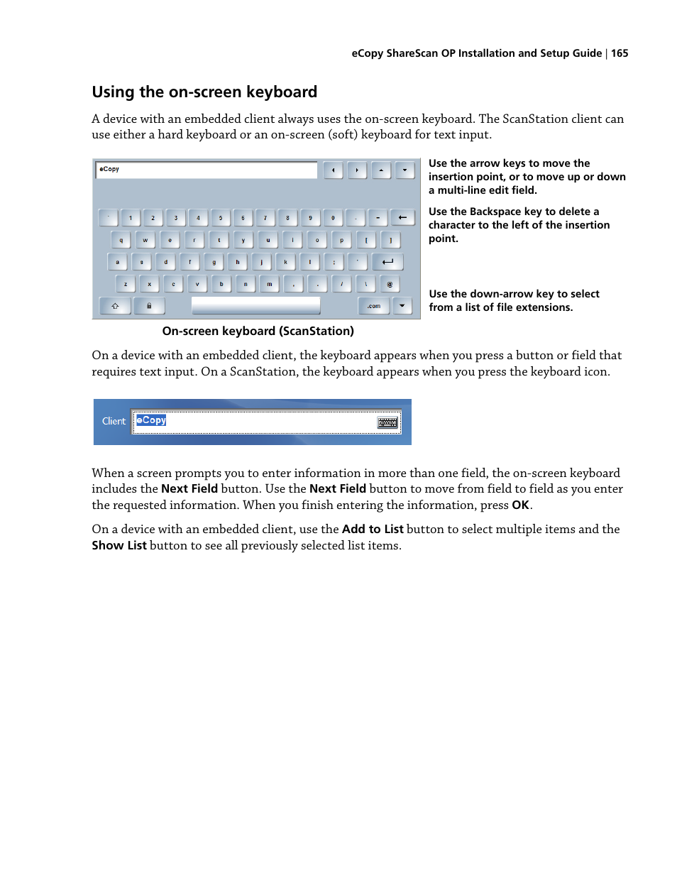 Using the on-screen keyboard | Konica Minolta eCopy User Manual | Page 173 / 224