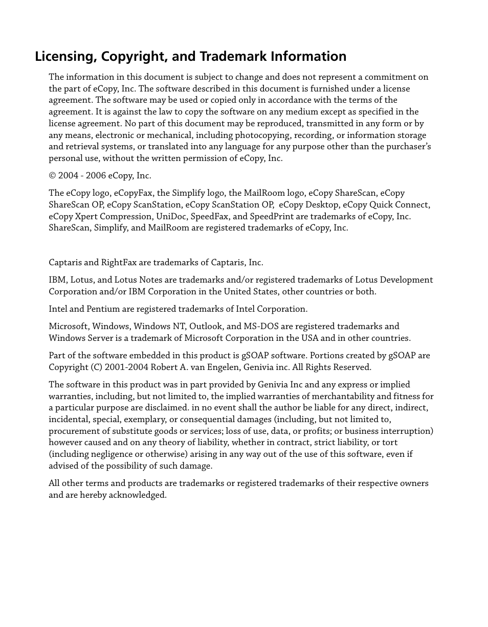 Licensing, copyright, and trademark information | Konica Minolta eCopy User Manual | Page 2 / 224