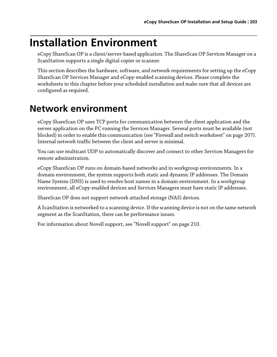 Installation environment, Network environment | Konica Minolta eCopy User Manual | Page 211 / 224