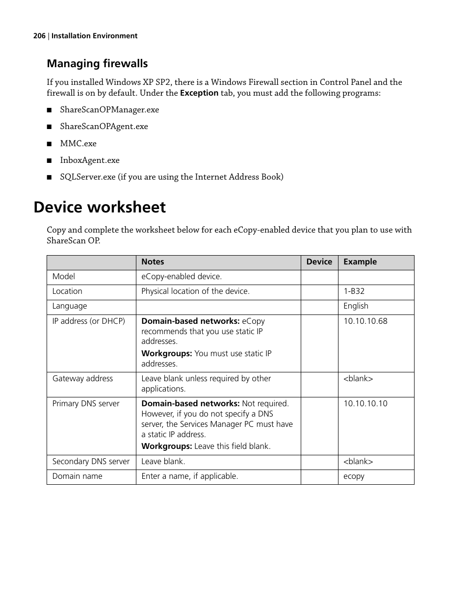 Managing firewalls, Device worksheet | Konica Minolta eCopy User Manual | Page 214 / 224
