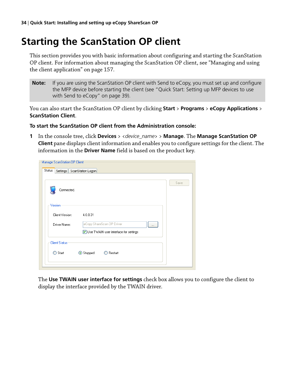 Starting the scanstation op client | Konica Minolta eCopy User Manual | Page 42 / 224