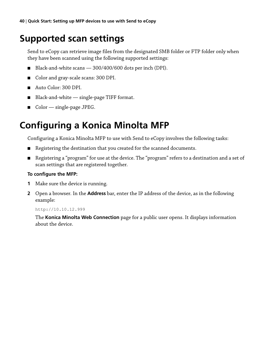 Supported scan settings, Configuring a konica minolta mfp | Konica Minolta eCopy User Manual | Page 48 / 224