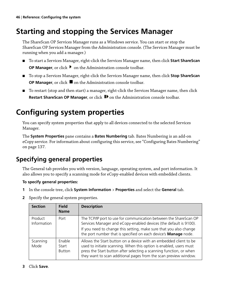 Starting and stopping the services manager, Configuring system properties, Specifying general properties | Konica Minolta eCopy User Manual | Page 54 / 224