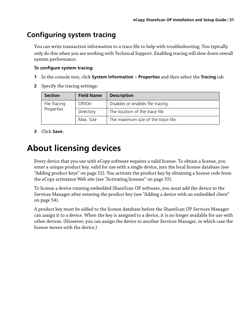 Configuring system tracing, About licensing devices | Konica Minolta eCopy User Manual | Page 59 / 224