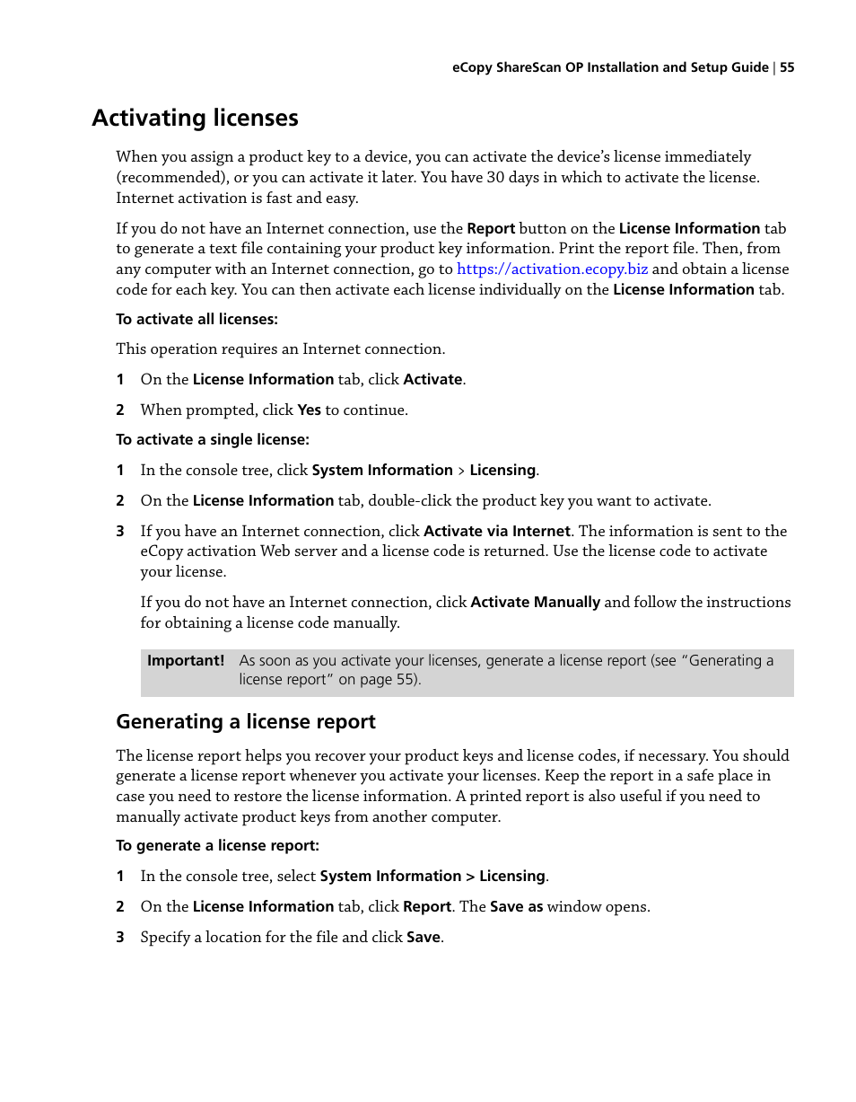 Activating licenses, Generating a license report | Konica Minolta eCopy User Manual | Page 63 / 224