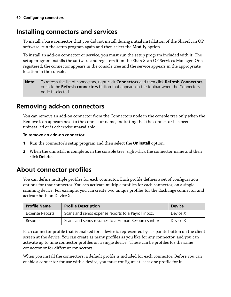 Installing connectors and services, Removing add-on connectors, About connector profiles | Konica Minolta eCopy User Manual | Page 68 / 224