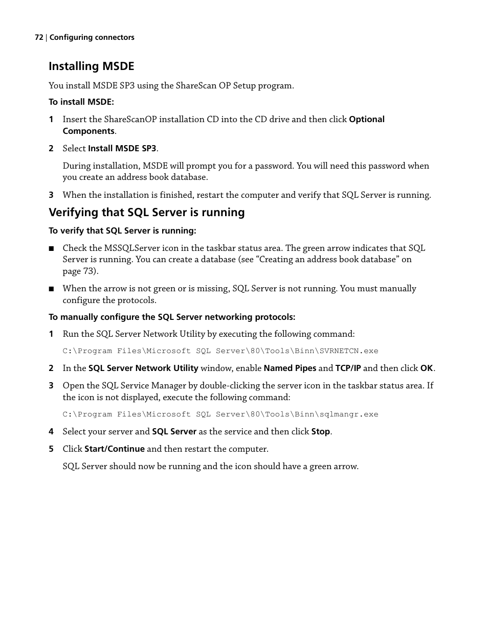 Installing msde, Verifying that sql server is running | Konica Minolta eCopy User Manual | Page 80 / 224