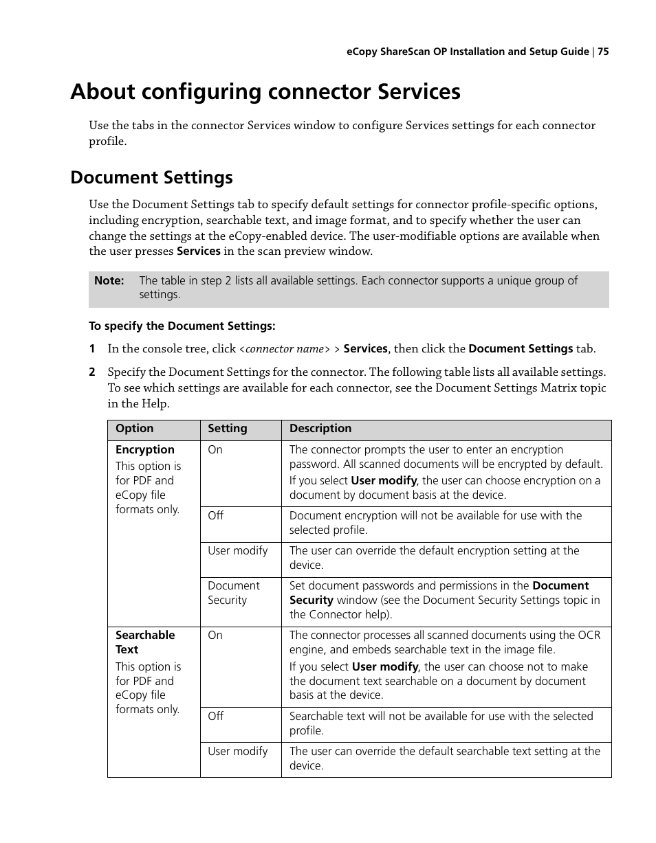 About configuring connector services, Document settings | Konica Minolta eCopy User Manual | Page 83 / 224