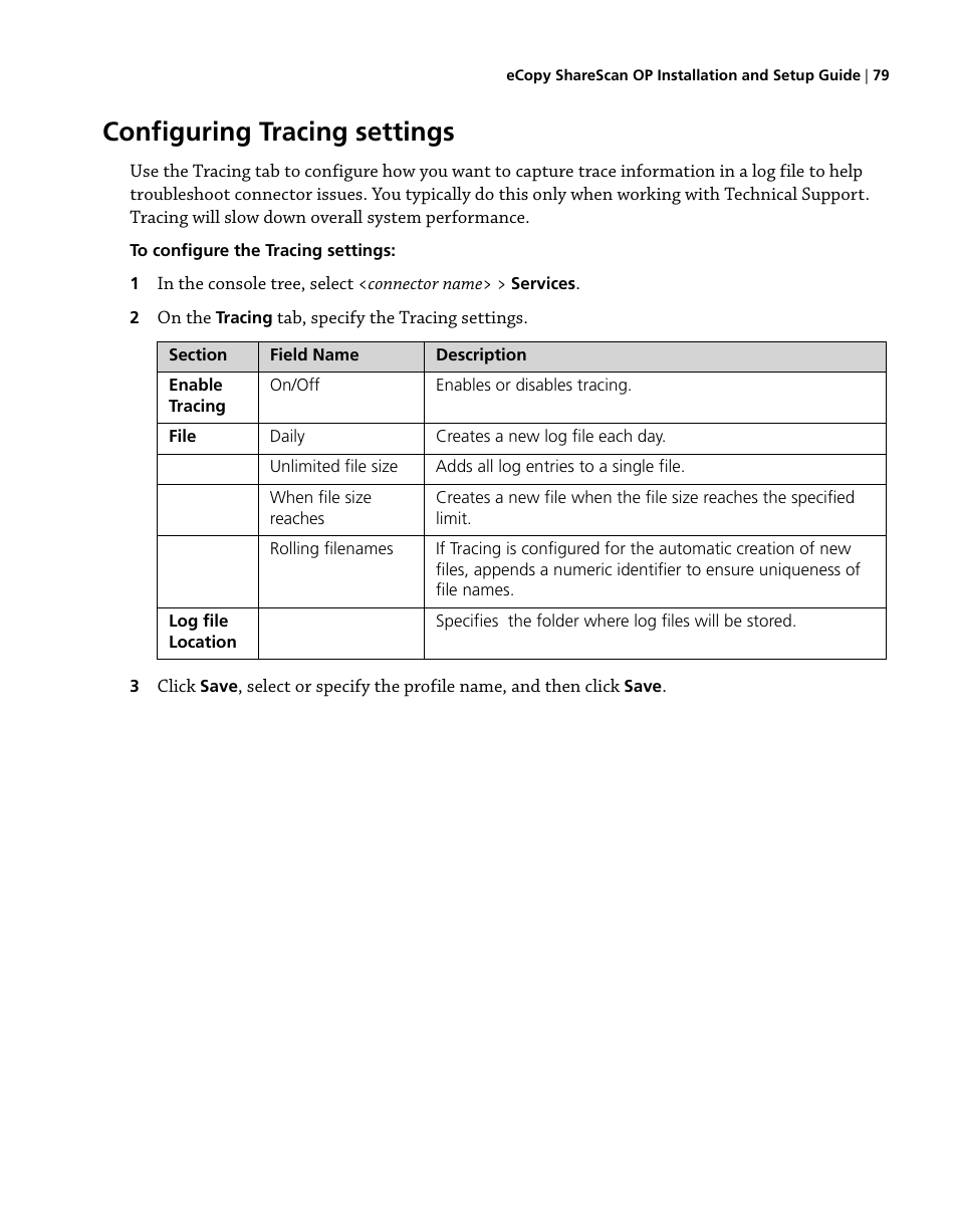 Configuring tracing settings | Konica Minolta eCopy User Manual | Page 87 / 224
