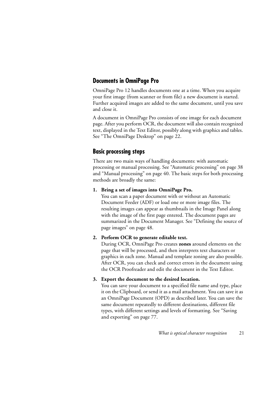 Basic processing steps, Documents in omnipage pro | Konica Minolta Unity User Manual | Page 21 / 100