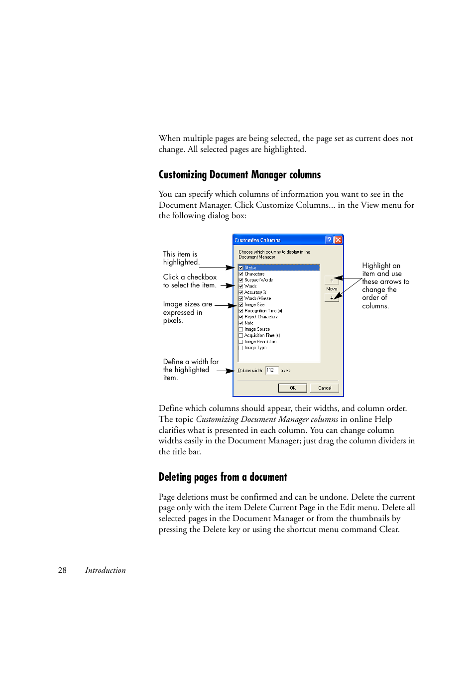 Customizing document manager columns, Deleting pages from a document | Konica Minolta Unity User Manual | Page 28 / 100
