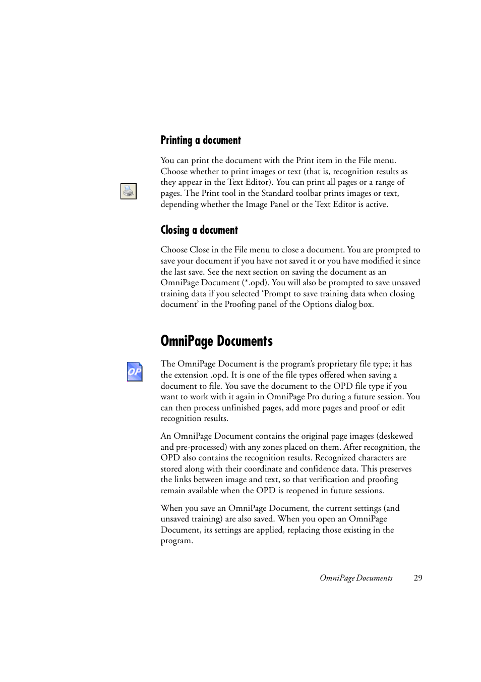 Printing a document, Closing a document, Omnipage documents | Konica Minolta Unity User Manual | Page 29 / 100