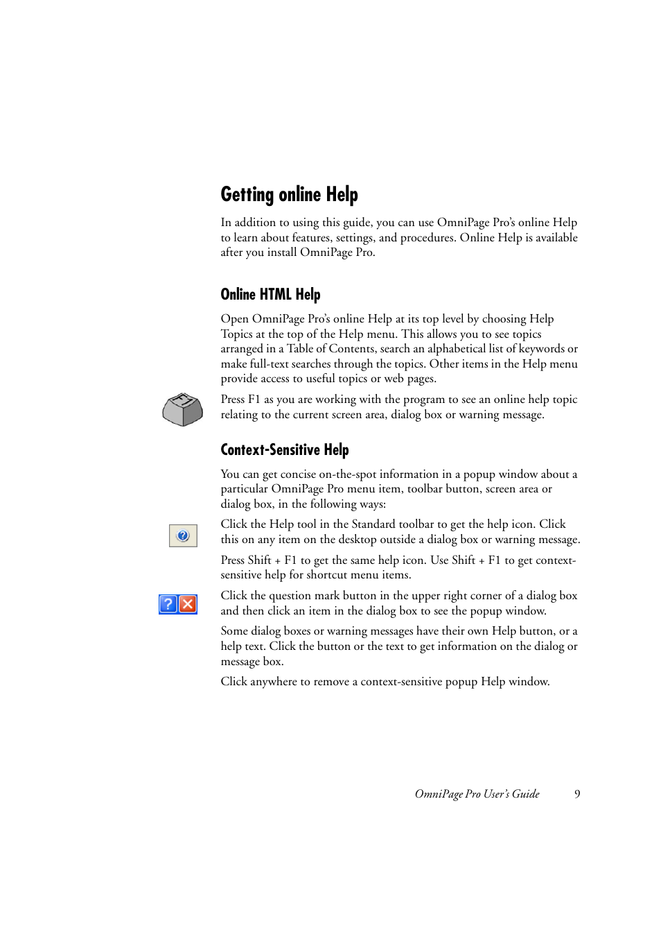 Getting online help, Online html help, Context-sensitive help | Konica Minolta Unity User Manual | Page 9 / 100