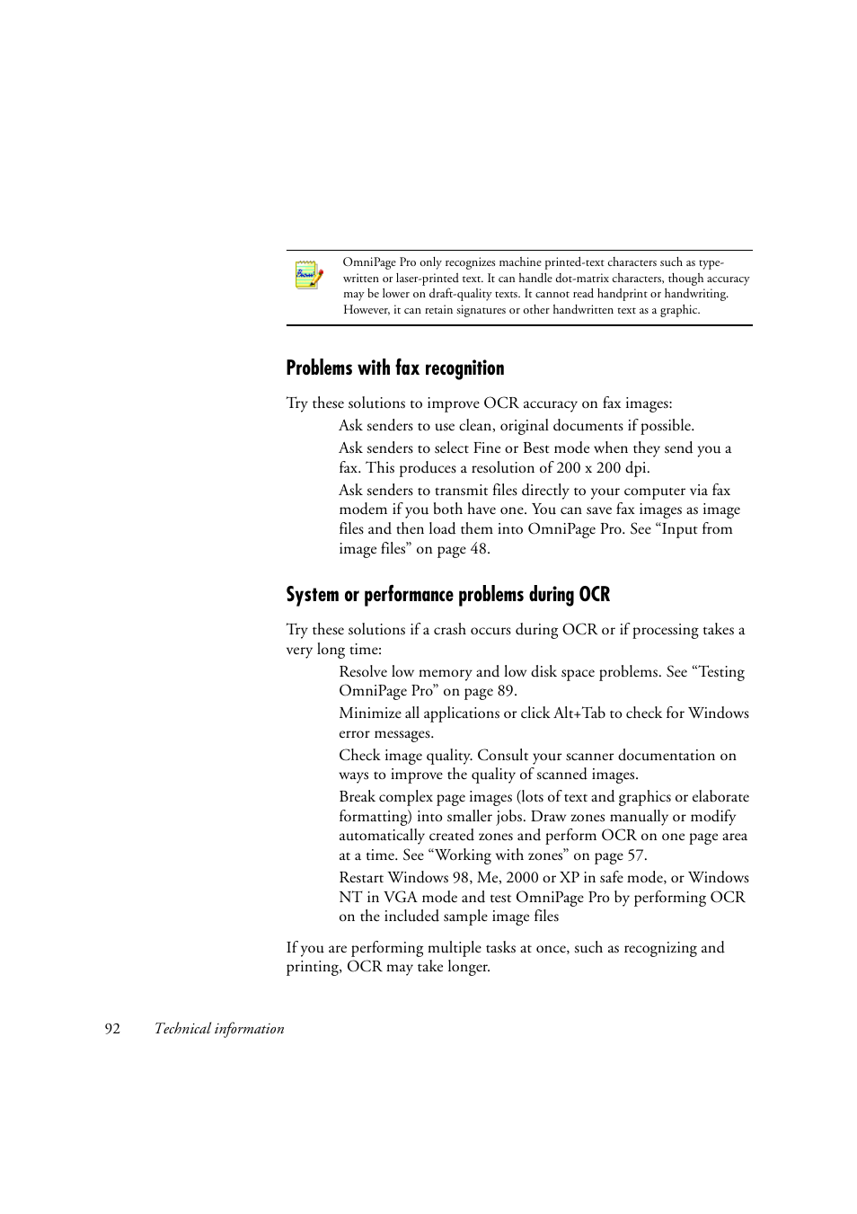 Problems with fax recognition, System or performance problems during ocr, System or performance problems during ocr 92 | Konica Minolta Unity User Manual | Page 92 / 100