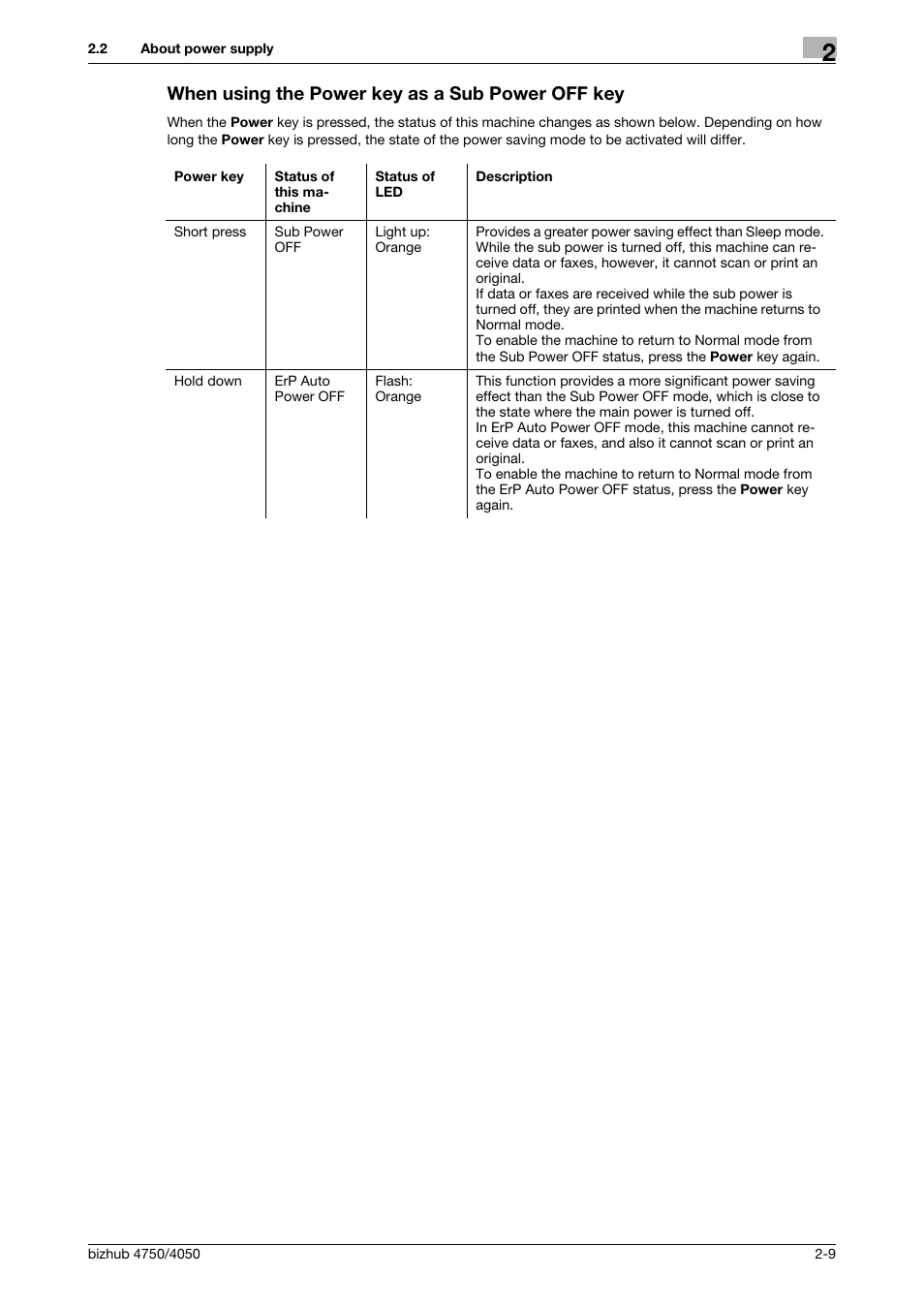 When using the power key as a sub power off key, When using the power key as a sub power off key -9 | Konica Minolta bizhub 4050 User Manual | Page 19 / 70