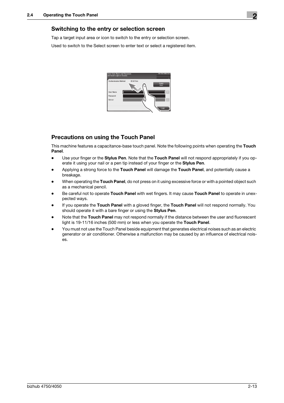 Switching to the entry or selection screen, Precautions on using the touch panel | Konica Minolta bizhub 4050 User Manual | Page 23 / 70