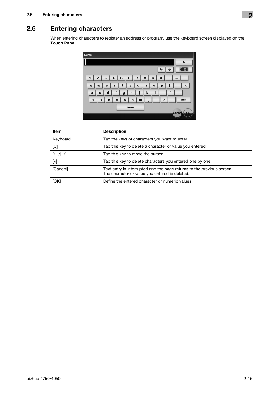 6 entering characters, Entering characters -15 | Konica Minolta bizhub 4050 User Manual | Page 25 / 70