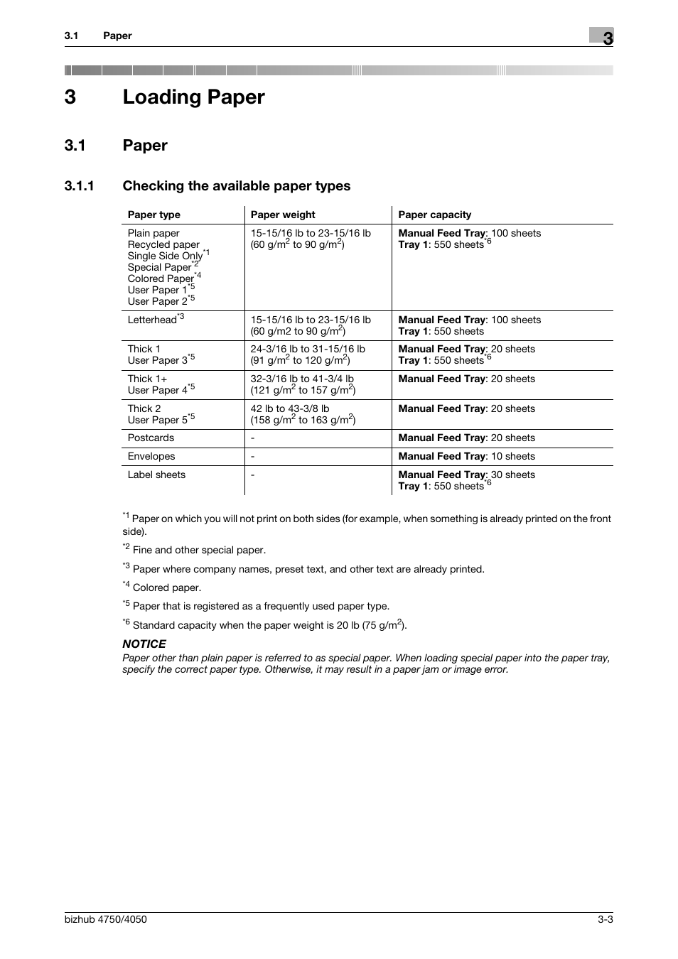 3 loading paper, 1 paper, 1 checking the available paper types | Loading paper, Paper -3, Checking the available paper types -3, 3loading paper | Konica Minolta bizhub 4050 User Manual | Page 29 / 70