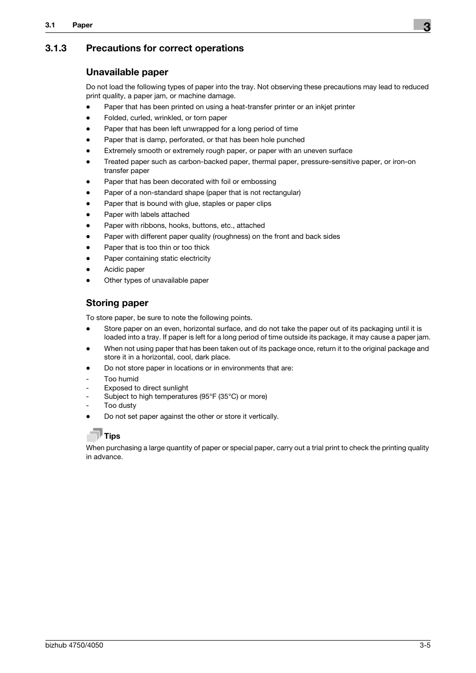 3 precautions for correct operations, Unavailable paper, Storing paper | Konica Minolta bizhub 4050 User Manual | Page 31 / 70