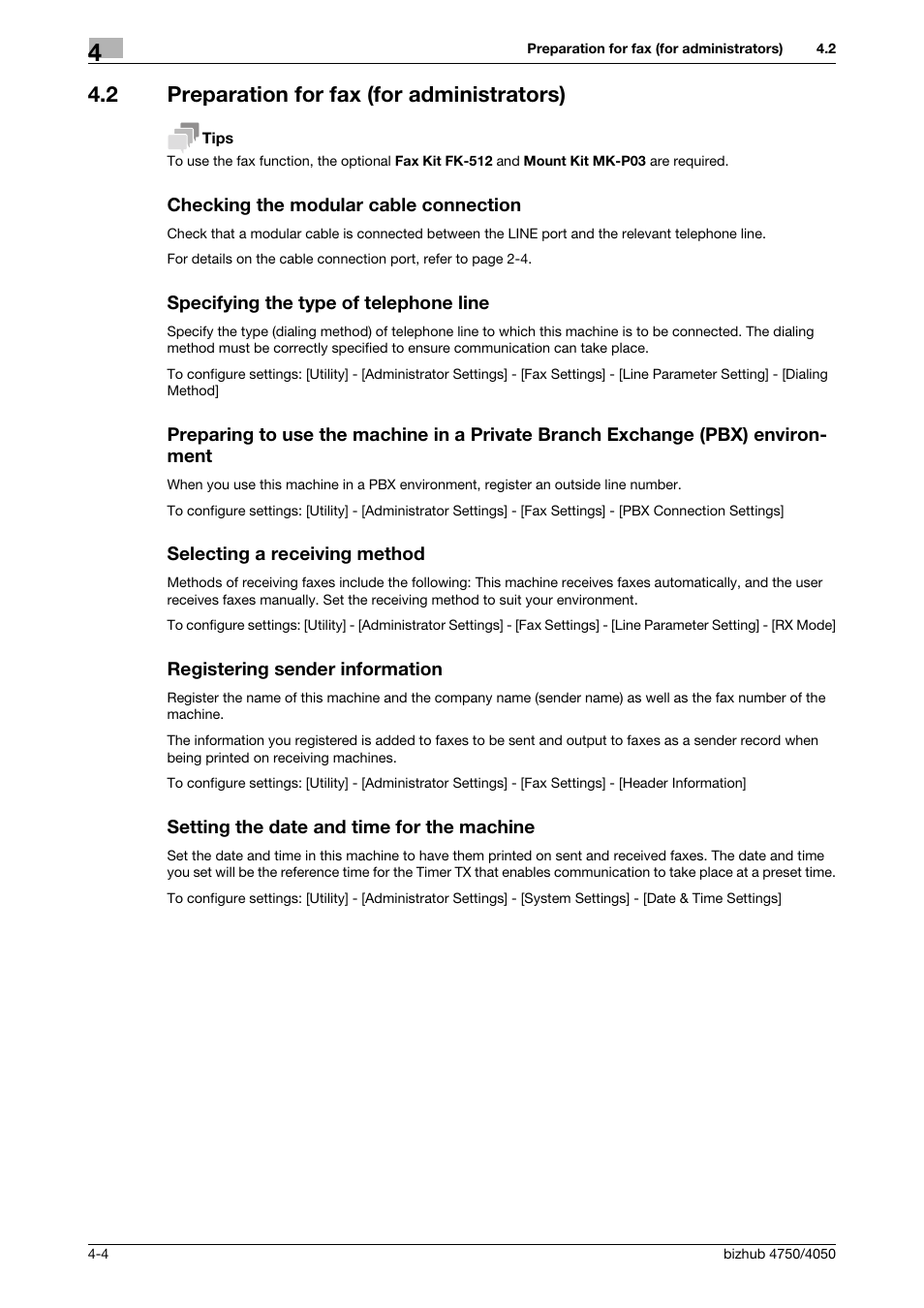 2 preparation for fax (for administrators), Checking the modular cable connection, Specifying the type of telephone line | Selecting a receiving method, Registering sender information, Setting the date and time for the machine | Konica Minolta bizhub 4050 User Manual | Page 40 / 70