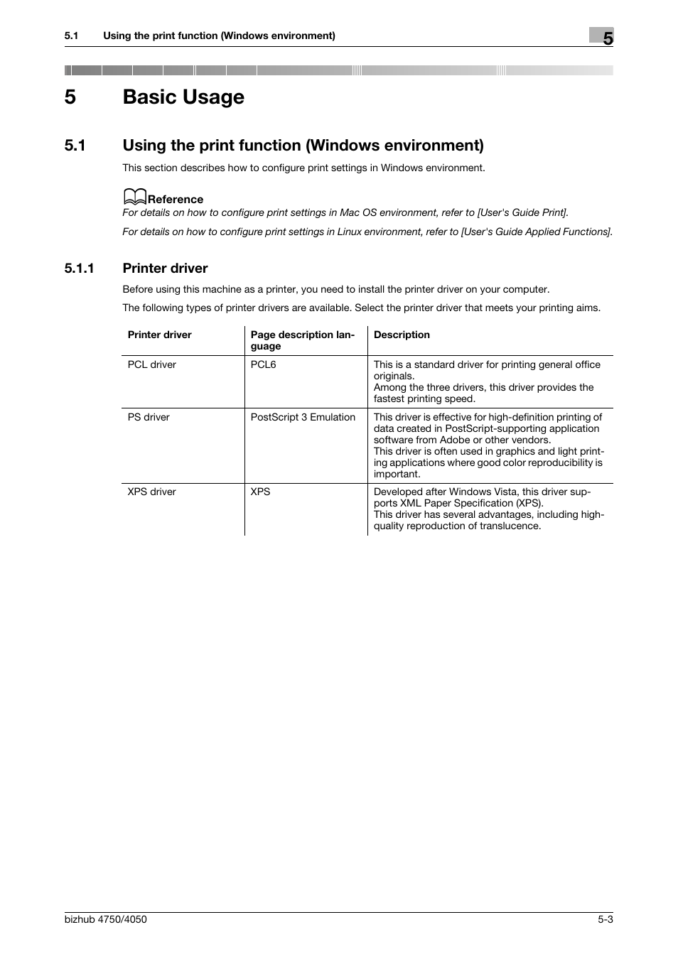 5 basic usage, 1 using the print function (windows environment), 1 printer driver | Basic usage, Using the print function (windows environment) -3, Printer driver -3, 5basic usage | Konica Minolta bizhub 4050 User Manual | Page 45 / 70