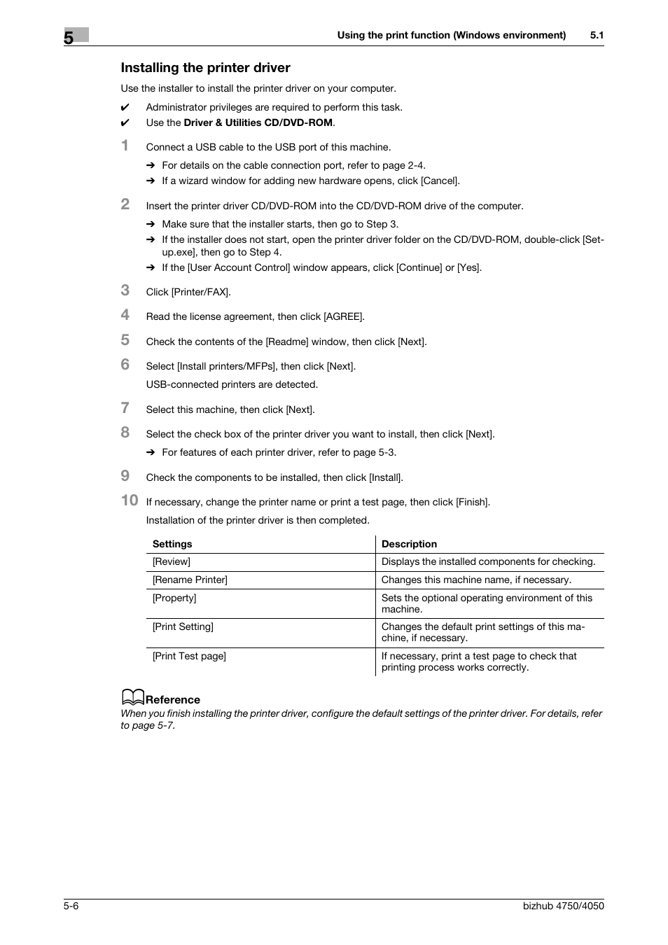 Installing the printer driver, Installing the printer driver -6 | Konica Minolta bizhub 4050 User Manual | Page 48 / 70