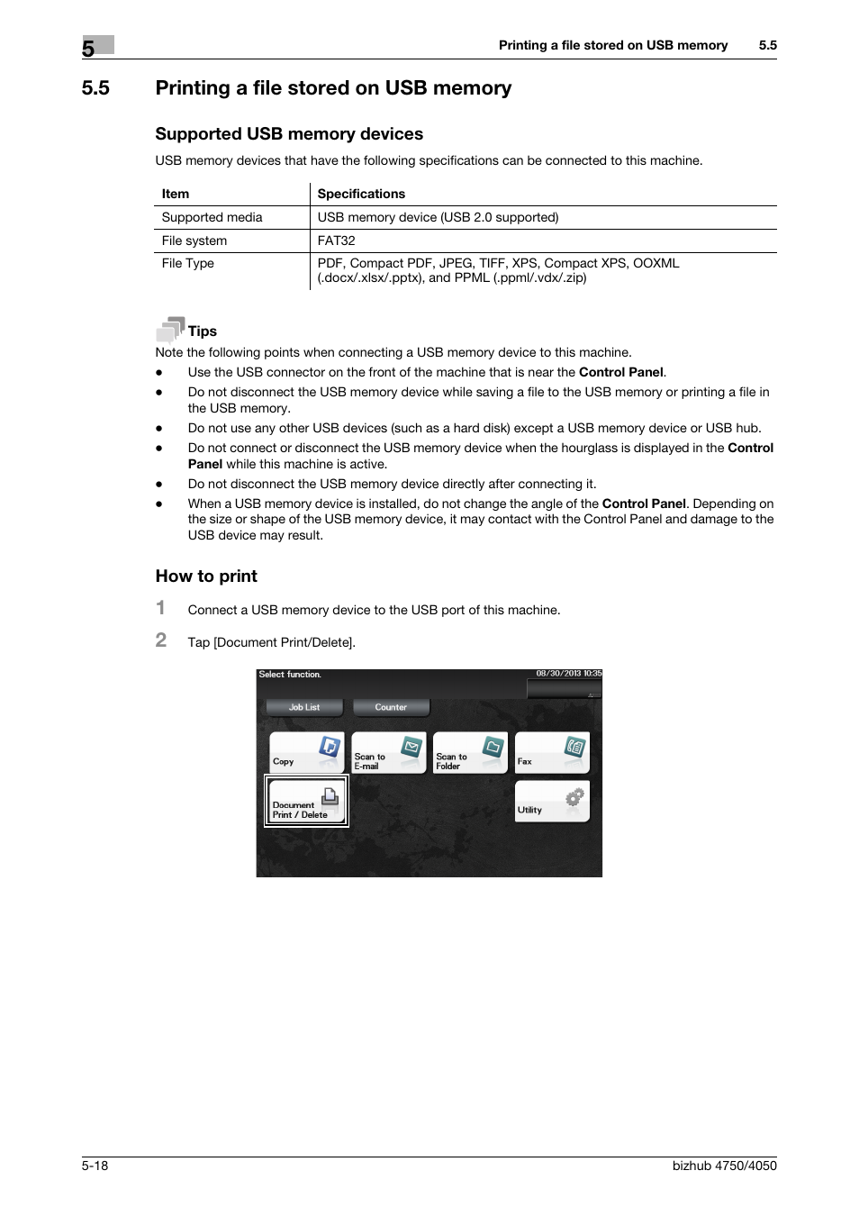 5 printing a file stored on usb memory, Supported usb memory devices, How to print | Konica Minolta bizhub 4050 User Manual | Page 60 / 70