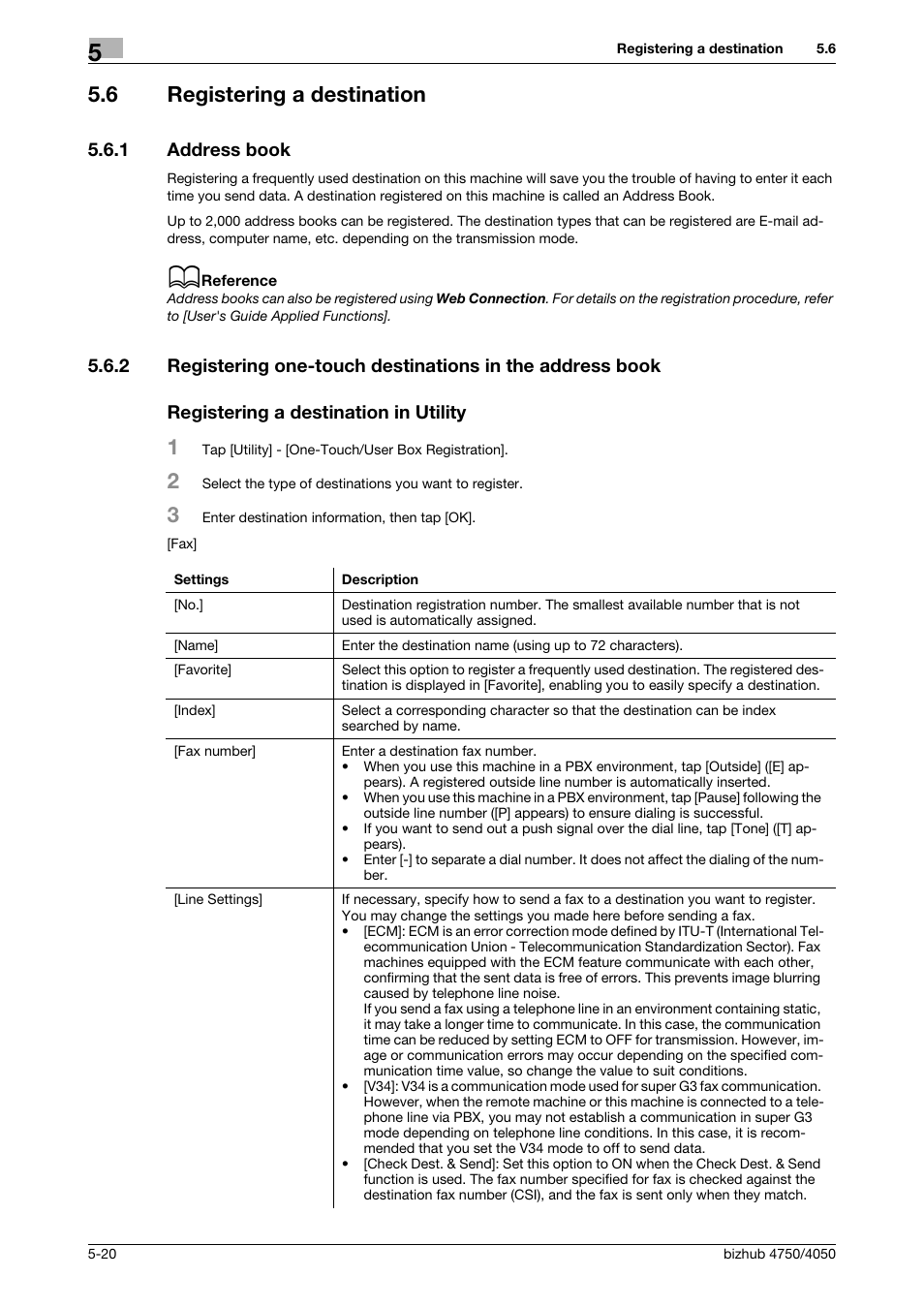 6 registering a destination, 1 address book, Registering a destination in utility | Registering a destination -20, Address book -20 | Konica Minolta bizhub 4050 User Manual | Page 62 / 70