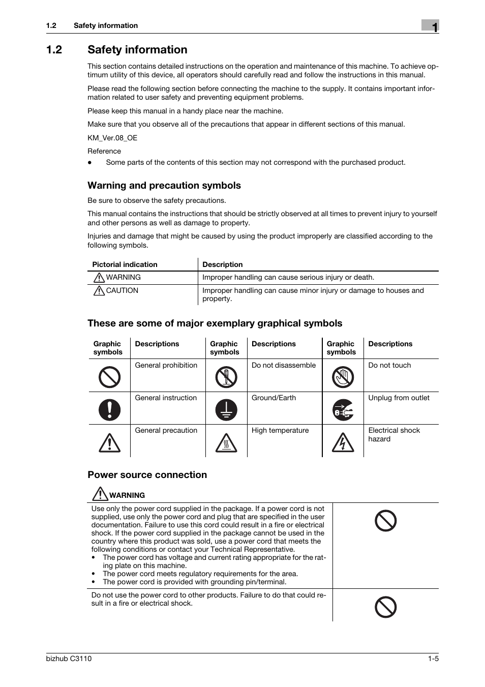 2 safety information, Warning and precaution symbols, Power source connection | Konica Minolta bizhub C3110 User Manual | Page 11 / 82