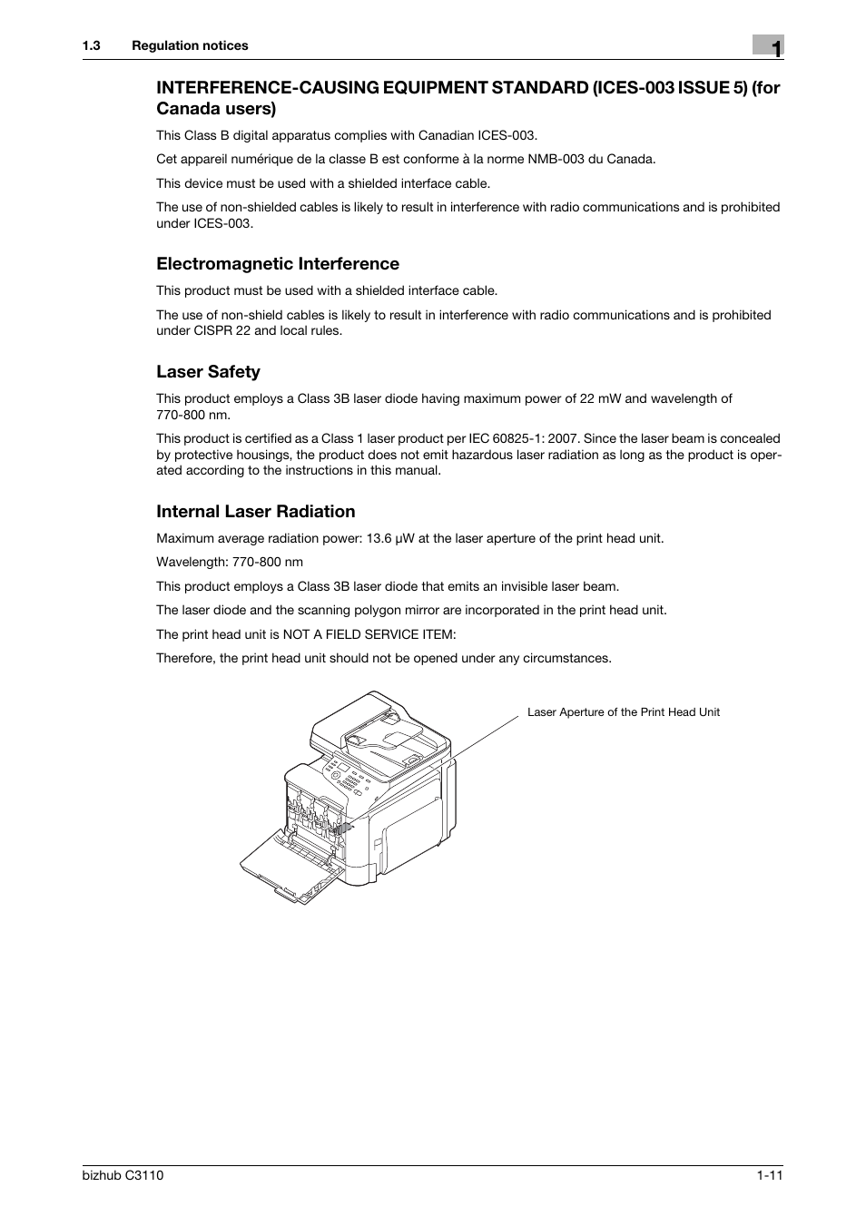 Electromagnetic interference, Laser safety, Internal laser radiation | Konica Minolta bizhub C3110 User Manual | Page 17 / 82