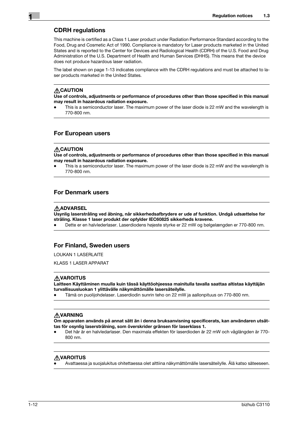 Cdrh regulations, For european users, For denmark users | For finland, sweden users | Konica Minolta bizhub C3110 User Manual | Page 18 / 82