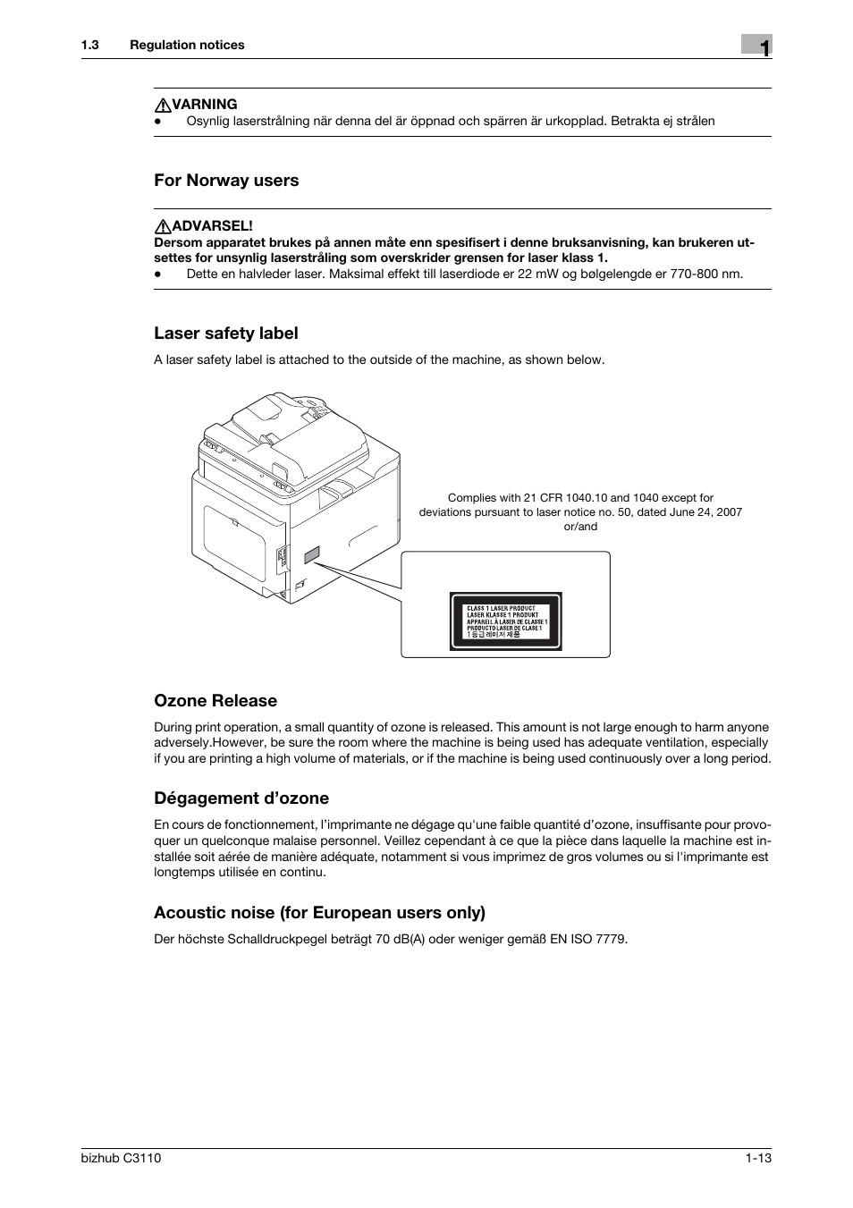 For norway users, Laser safety label, Ozone release | Dégagement d’ozone, Acoustic noise (for european users only) | Konica Minolta bizhub C3110 User Manual | Page 19 / 82