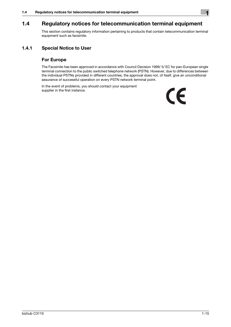1 special notice to user, For europe, Special notice to user -15 for europe -15 | Konica Minolta bizhub C3110 User Manual | Page 21 / 82