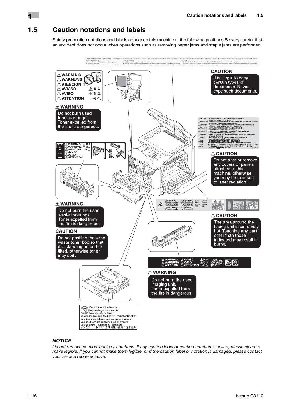 5 caution notations and labels, Caution notations and labels -16 | Konica Minolta bizhub C3110 User Manual | Page 22 / 82