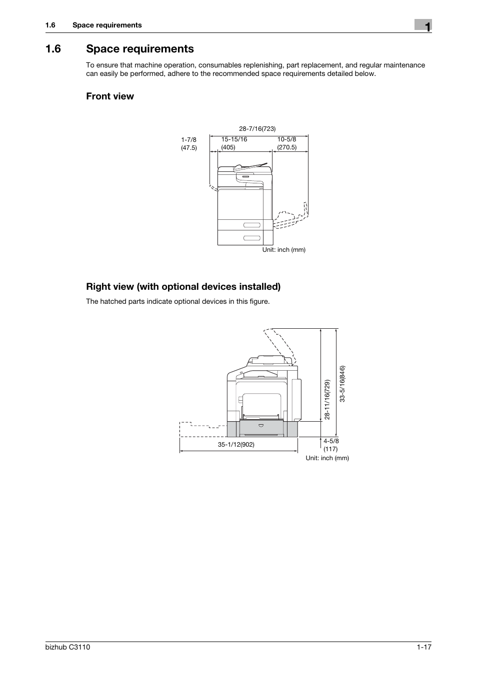 6 space requirements, Front view, Right view (with optional devices installed) | Konica Minolta bizhub C3110 User Manual | Page 23 / 82